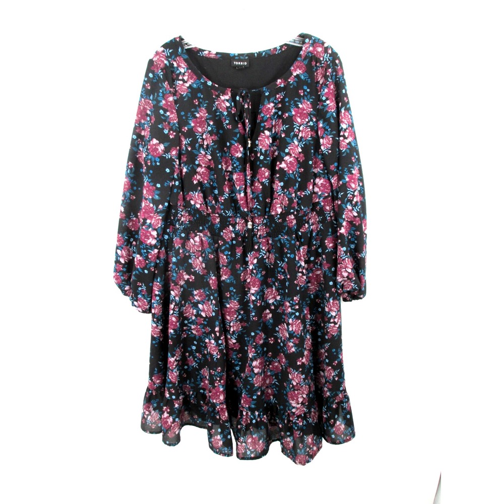 Torrid Midi Prairie Dress Womens 00 Black Floral Cottagecore Babydoll Smock Boho